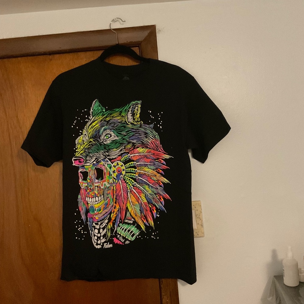 Express Black Graphic Tee with Colorful Wolf Design